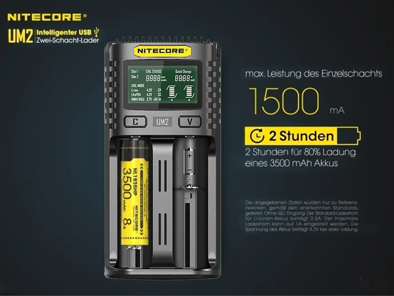 Nitecore UM2 - intelligentes 2 - Schacht USB Ladegerät für Li-Ion, LiFePo4, Ni-MH, Ni-CD Akkus