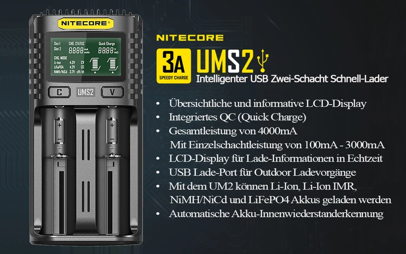 Nitecore UM4 - intelligentes Ladegerät für Li-Ion, LiFePo4, Ni-MH, Ni-CD Akkus