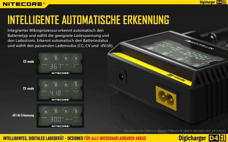 Nitecore Sysmax Digicharger D4 EU - intelligentes Ladegerät für Li-Ion, LiFePo4, Ni-MH, Ni-CD Akkus