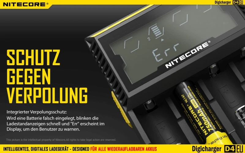 Nitecore Sysmax Digicharger D4 EU - intelligentes Ladegerät für Li-Ion, LiFePo4, Ni-MH, Ni-CD Akkus