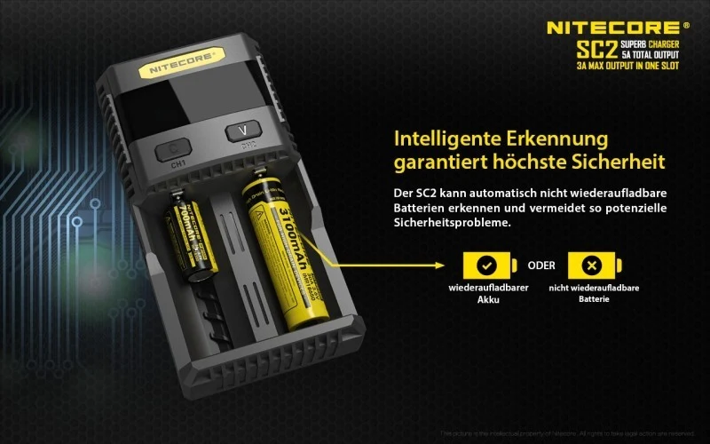 Nitecore SC2 SUPERB - 3A Zwei-Schacht-Schnellladegerät für Li-Ion, LiFePo, Ni-MH Akkus