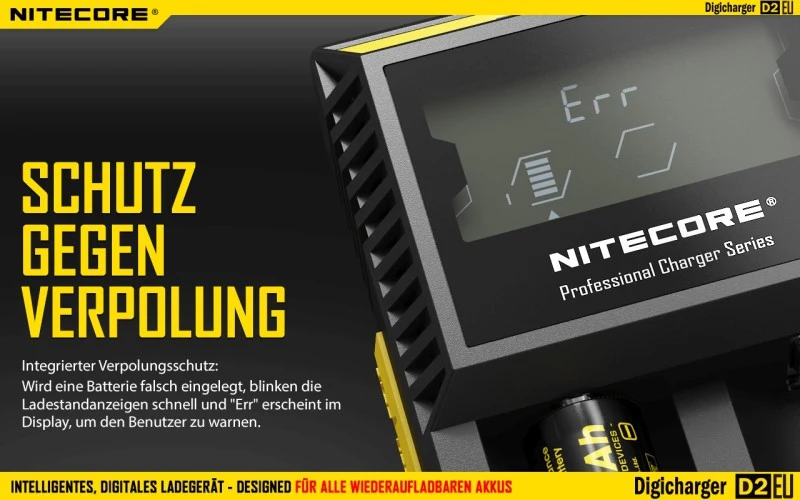 Nitecore Digicharger D2 EU - Ladegerät für Li-Ion, Ni-MH, Ni-CD und LIFePo4 Akkus