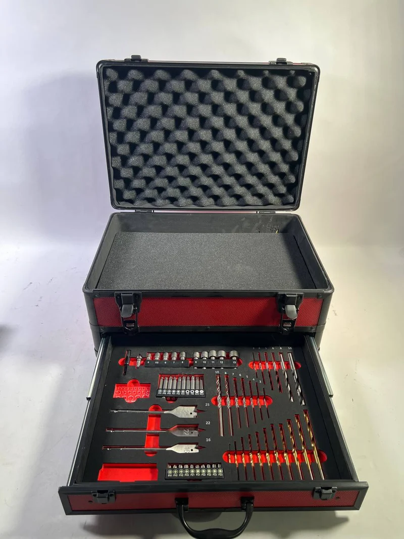 Toolbrothers TX Alu Werkzeug Koffer rot für Akku Schlagschrauber und Schlagbohrschrauber + 70 tlg. Bit Bohrer Set + Würfelschaum Einlage - Unvollständig