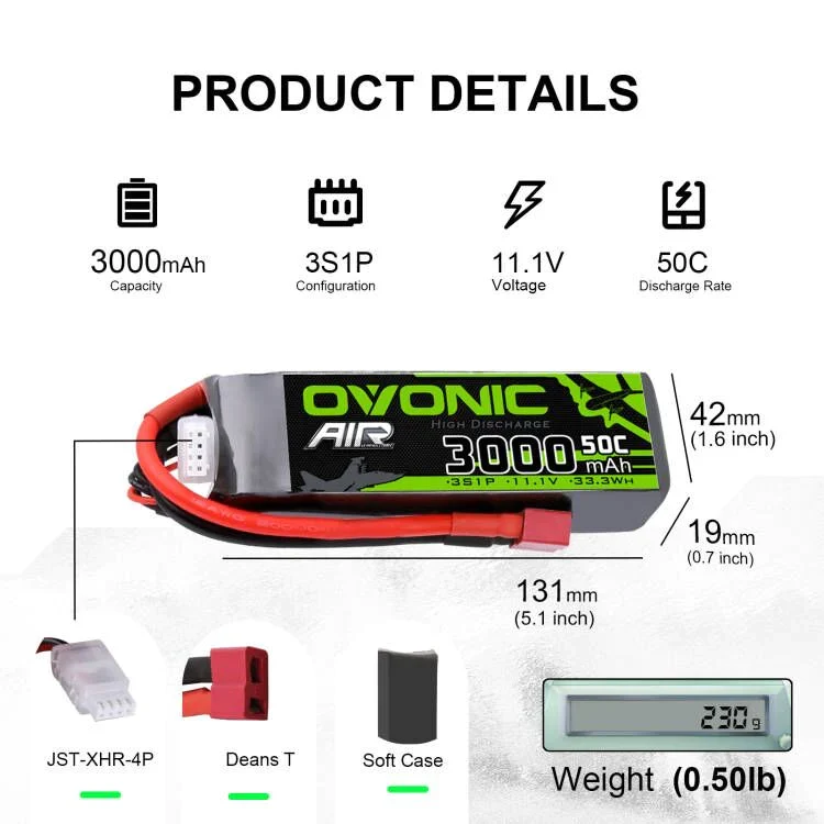 Ovonic 3S 3000mAh 50C 11,1V lang T-Stecker Lipo Akku (2 Stück)