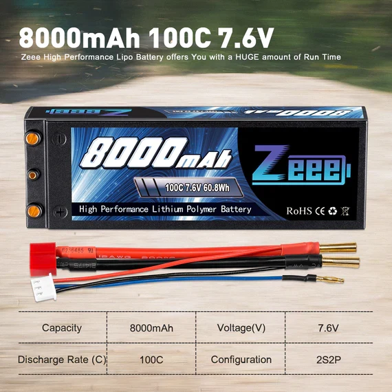 Zeee 2S 8000mAh 7,6V 100C HV LiPo Hardcase 4mm Bullet zu Deans