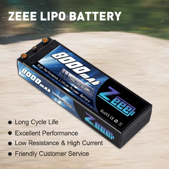 Zeee 2S 8000mAh 7,6V 100C HV LiPo Hardcase 4mm Bullet zu Deans