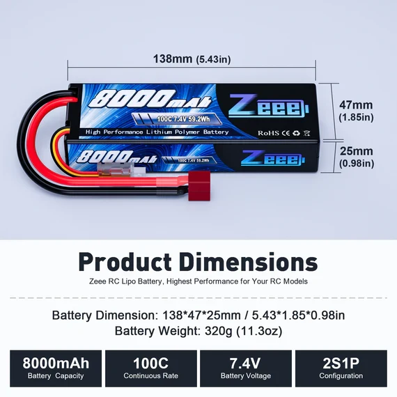 Zeee 2S 8000mAh 7,4V 100C Hardcase Deans (2 Stück)