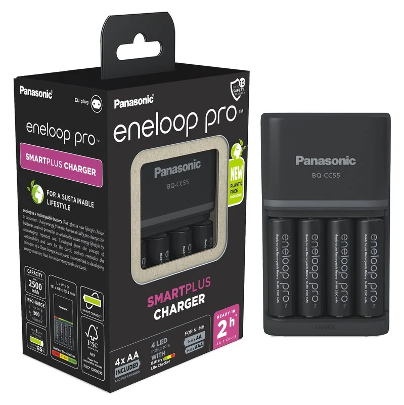 Panasonic Ladegerät Smart & Quick Charger BQ-CC55E + 4x Eneloop Pro AA Akku
