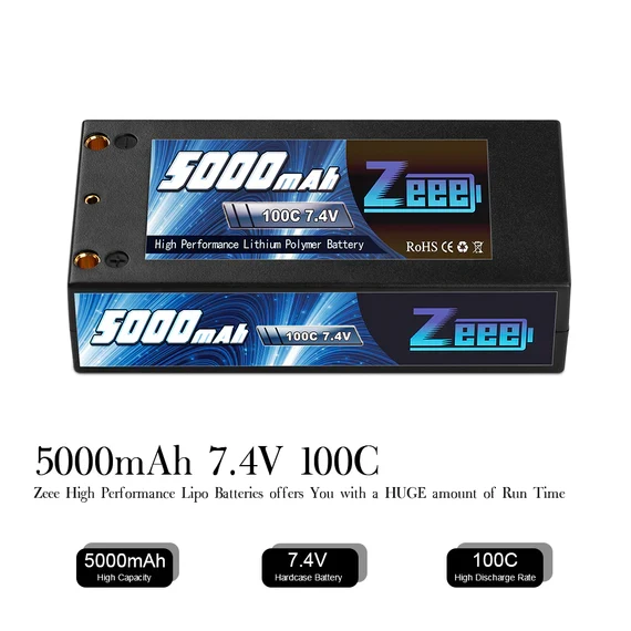 Zeee 2S 5000mAh 7,4V 100C Hardcase 4mm Bullet-zu-Deans Shorty Lipo-Akku (2 Stück)