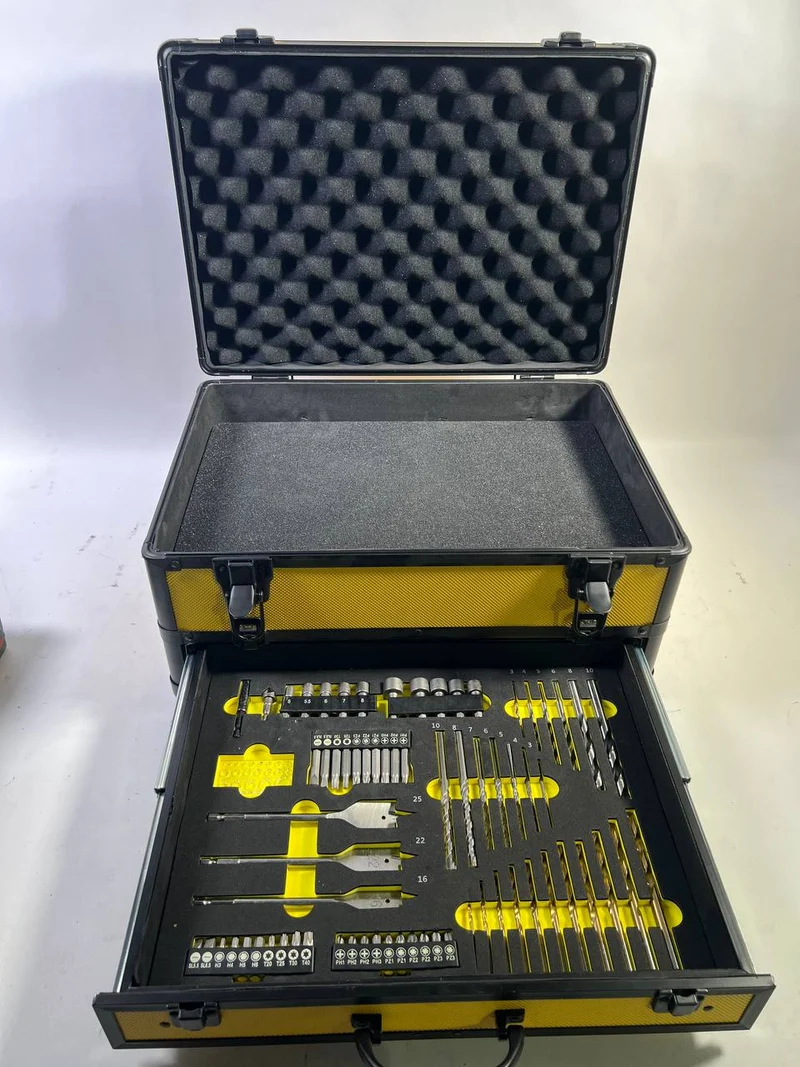 Toolbrothers TX Alu Werkzeug Koffer gelb für Akku Schlagschrauber und Schlagbohrschrauber + 70 tlg. Bit Bohrer Set + Würfelschaum Einlage - Neuwertig