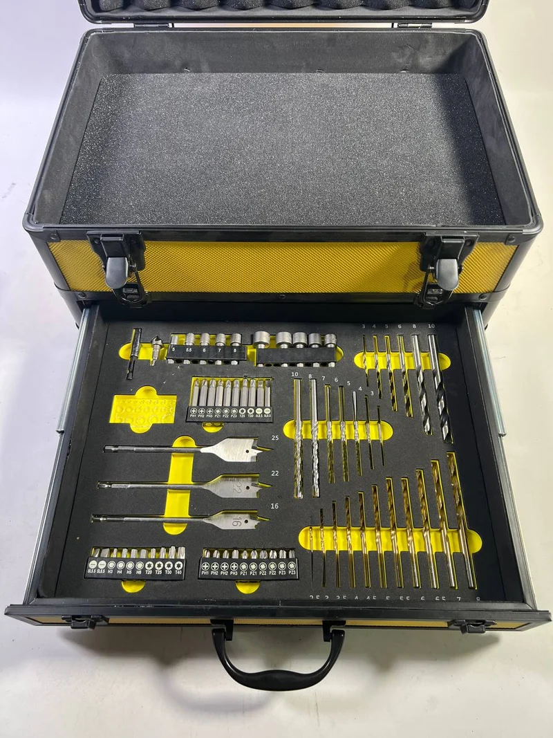 Toolbrothers TX Alu Werkzeug Koffer gelb für Akku Schlagschrauber und Schlagbohrschrauber + 70 tlg. Bit Bohrer Set + Würfelschaum Einlage - Neuwertig
