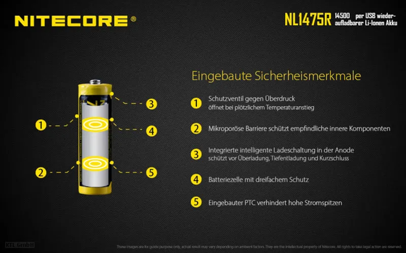 NiteCore 14500 - 750mAh, Li-Ionen 3,7V - 3,6V - PCB geschützt mit USB Lademöglichkeit NL1475R