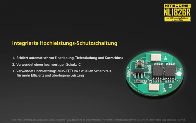 NiteCore 18650 - 2600mAh, Li-Ionen 3,7V - 3,6V - PCB geschützt mit USB Lademöglichkeit NL1826R