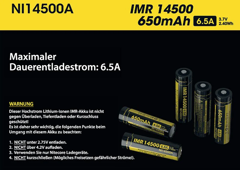 Nitecore IMR 14500 - 650mAh 3,6V - 3,7V Li-Ion-Akku (Pluspol erhöht)