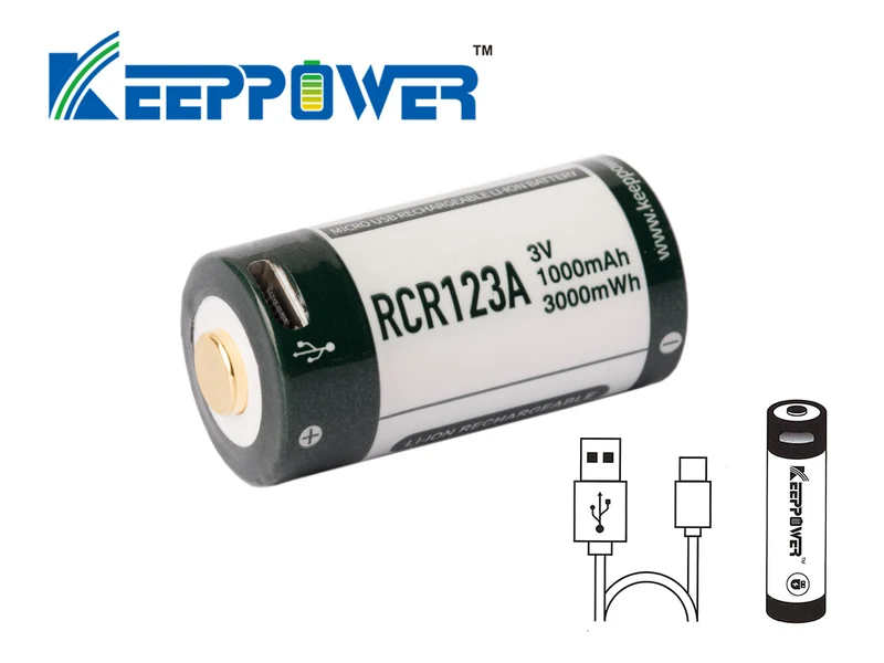 Keeppower RCR123A - 3V - 1000mAh Lithium Ionen Akku (Wiederaufladbar über micro USB)