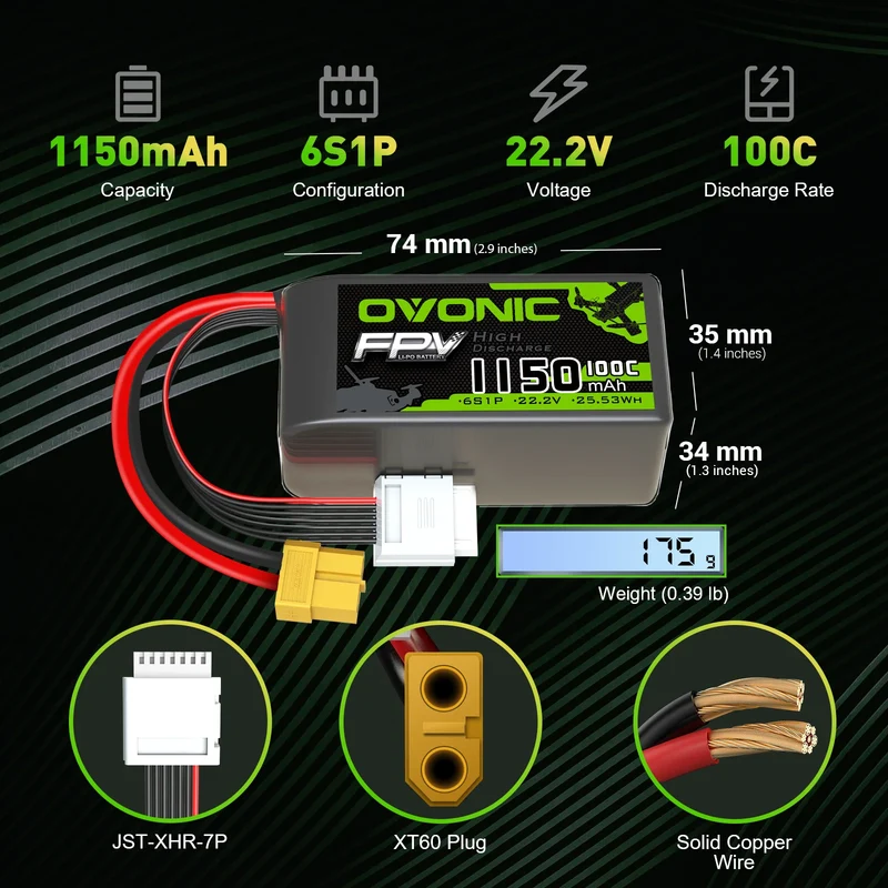 Ovonic 6S 1150mAh 22,2V 100C LiPo-Akku für FPV XT60-Stecker (2 St.)