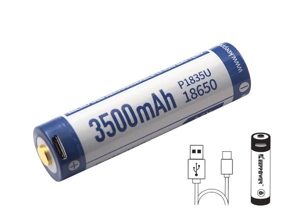 Keeppower 18650 - 3500mAh, Li-Ionen 3,7V - 3,6V - PCB geschützt mit USB Lademöglichkeit P1835U