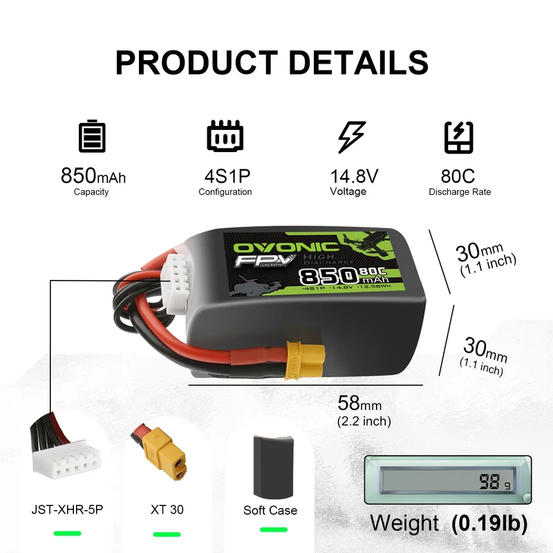 Ovonic 4S 850mAh 80C 14,8V XT30 Lipo Akku (4 Stück)