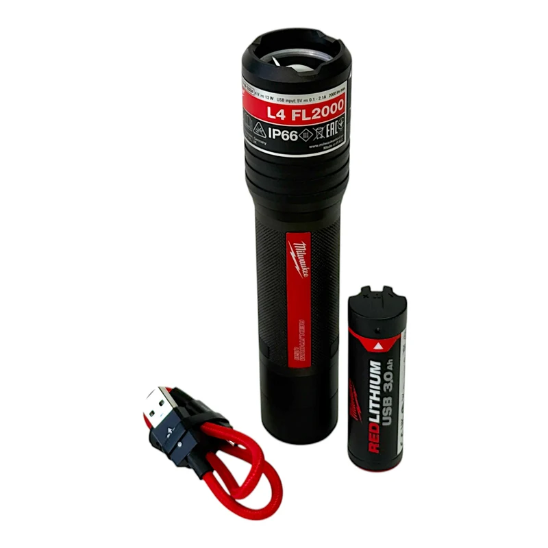 Milwaukee L4 FL2000-301 Akku Taschenlampe IP 66 2000 Lumen USB ( 4933479637 ) + 1x Akku 3,0 Ah + USB Kabel