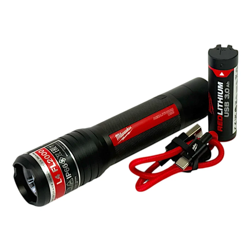 Milwaukee L4 FL2000-301 Akku Taschenlampe IP 66 2000 Lumen USB ( 4933479637 ) + 1x Akku 3,0 Ah + USB Kabel