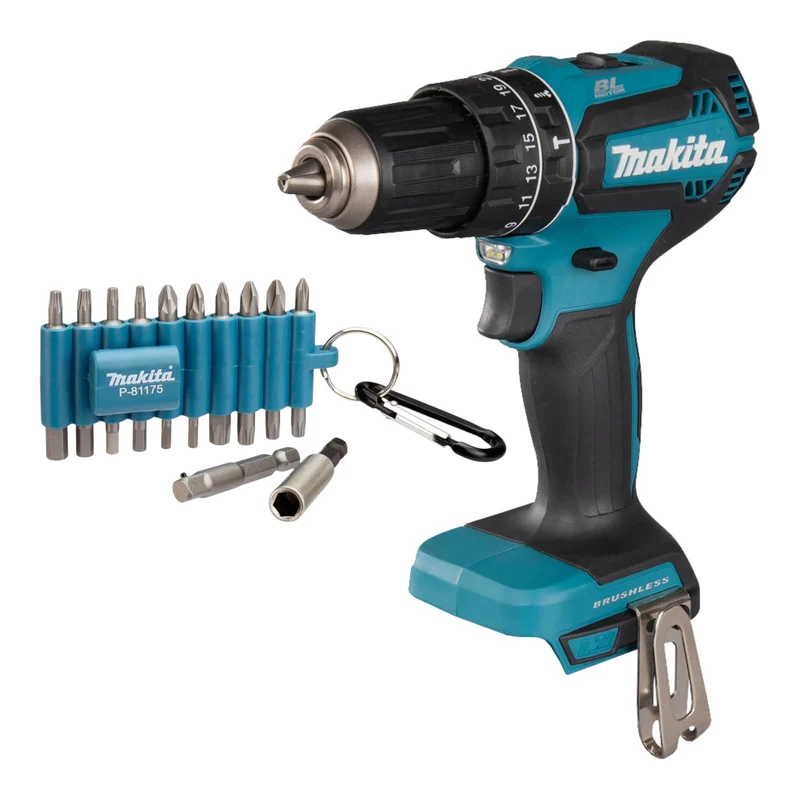 Makita DHP 485 Z Akku Schlagbohrschrauber 18 V 50 Nm Brushless + 22 tlg. Bit Set - ohne Akku, ohne Ladegerät