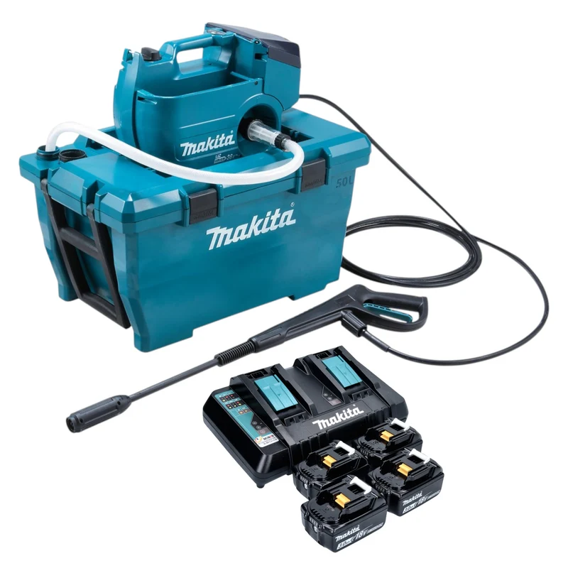 Makita DHW 080 PF4K Akku Hochdruckreiniger 36 V ( 2x 18 V ) 80 bar 380 l/h Brushless + 4x Akku 3,0 Ah + Doppelladegerät