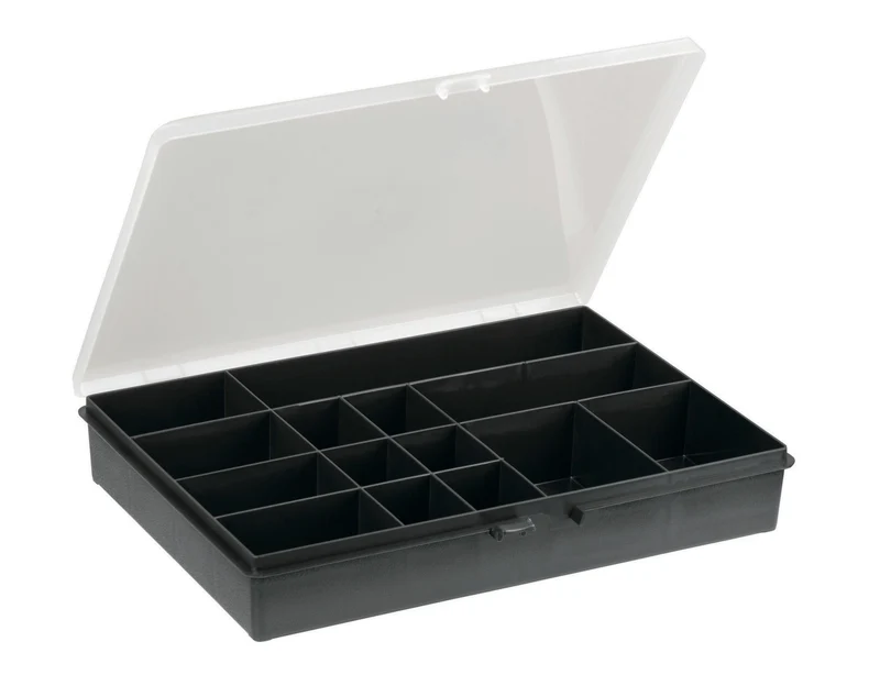 raaco Sortierkasten Box 14 – 332 x 254 x 55 mm, 14 feste Fächer, transparent, 7er-Pack