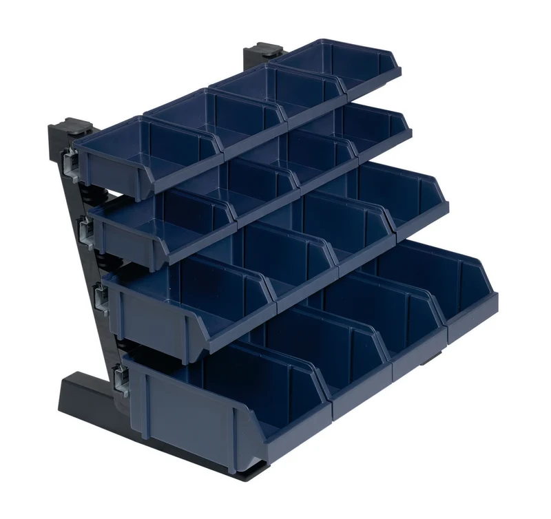 RAACO Sichtboxen-Tischständer Mix 500x360x388 mm mit 16 Boxen in 3 Größen – Dunkelblau