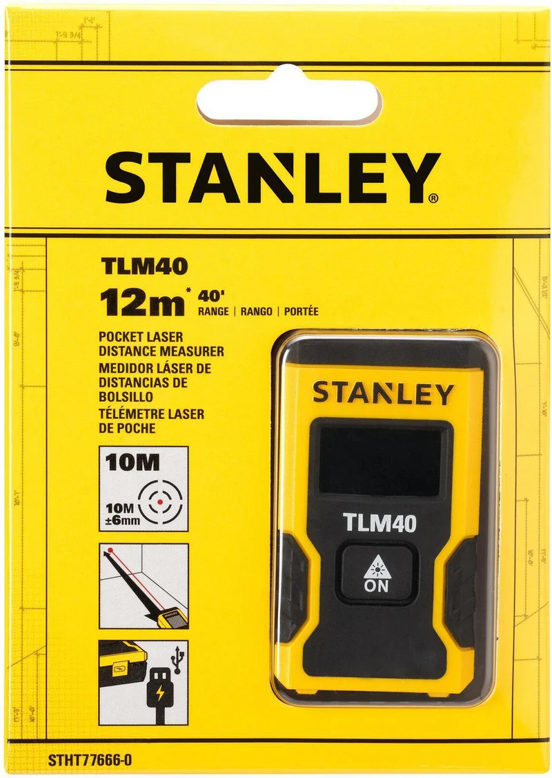STANLEY Laserentfernungsmesser TLM 40 12 m ± 6 mm IP54 – Präzise Messung mit Ein-Knopf-Bedienung