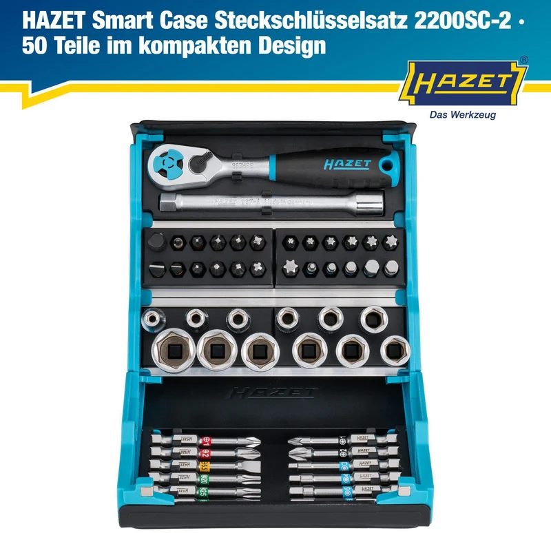 HAZET Steckschlüssel- und Bitsortiment SmartCase 2200SC-2, 50-teilig, 1/4″