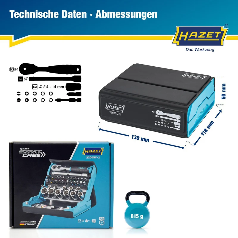 HAZET Steckschlüssel- und Bitsortiment SmartCase 2200SC-2, 50-teilig, 1/4″