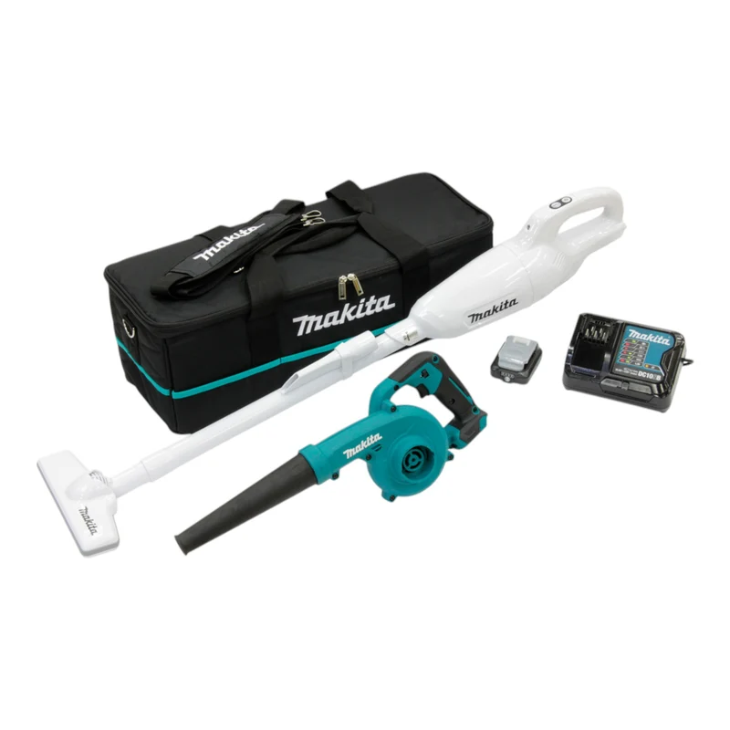 Makita CLX 245 SAX1 Akku Kombo Kit 12 V max. CL 108 FDW Staubsauger 0,6 l Weiß + UB 100 D Gebläse 75 m/s + 1x Akku 2,0 Ah + Ladegerät + Tasche