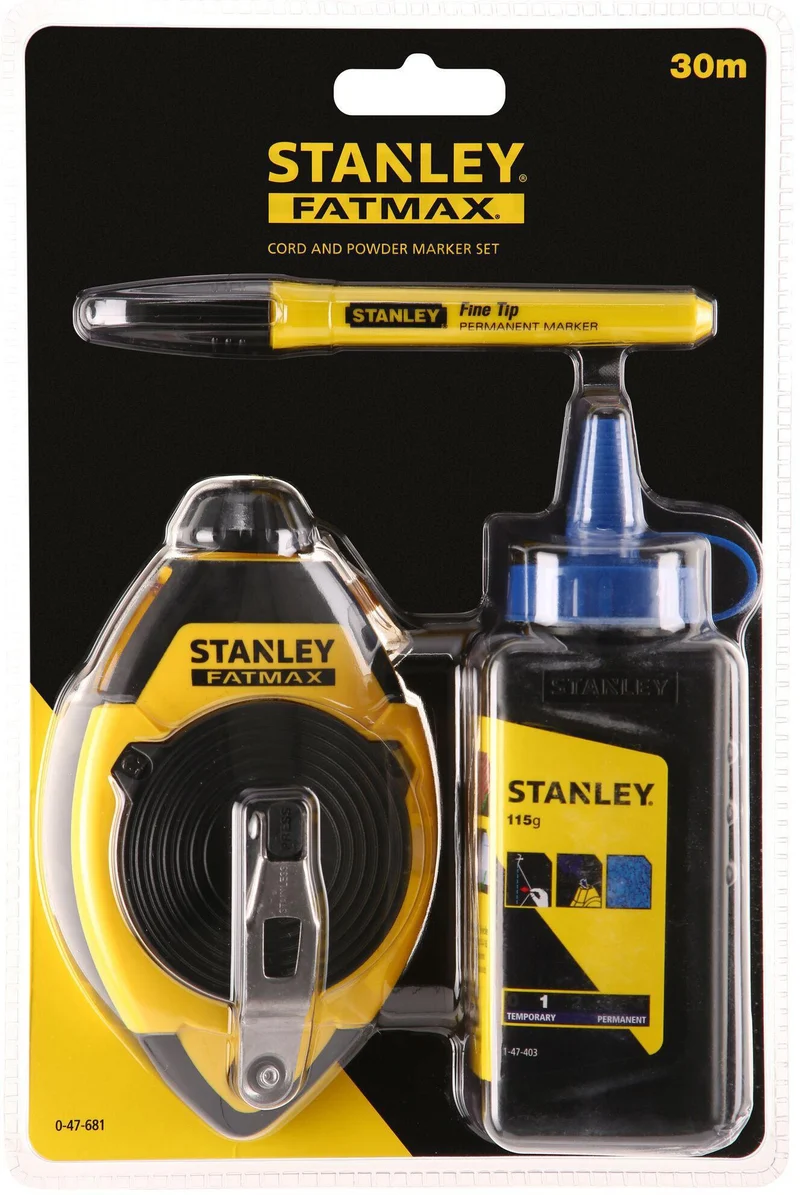 STANLEY Schlagschnurset FATMAX 30 m Kunststoffgehäuse Schnelleinzug 3:1 mit Kreide und Marker