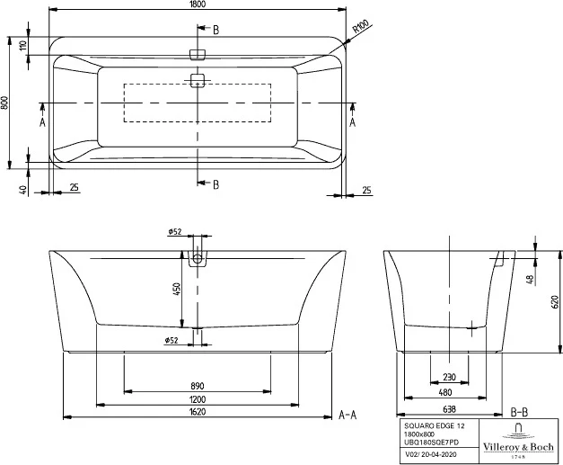 Villeroy & Boch Squaro Edge 12 Badewanne 1800x800 mm Freistehend Quaryl Stone White
