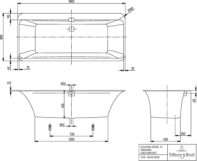 Villeroy & Boch Squaro Edge 12 Badewanne 1800x800 mm Freistehend Quaryl Stone White