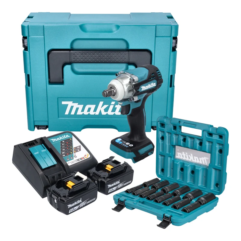 Makita DTW 300 TJX7 Akku Schlagschrauber 18 V 330 Nm 1/2" Brushless + 2x Akku 5,0 Ah + Ladegerät + Steckschlüssel Set 14 tlg. + Makpac