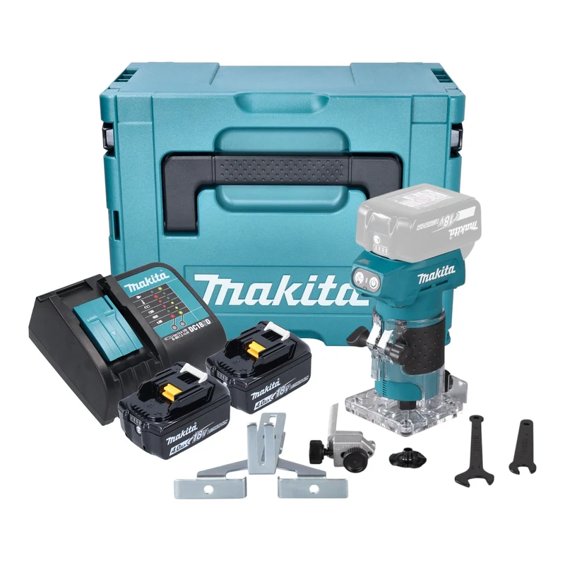 Makita DRT 52 SMJ Akku Kantenfräse 18 V 6 mm Brushless + 2x Akku 4,0 Ah + Ladegerät + Makpac