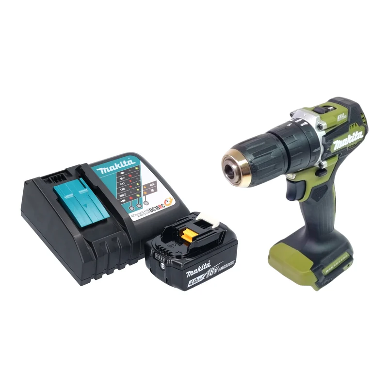 Makita DHP 487 RM1O Akku Schlagbohrschrauber 18 V 40 Nm Brushless Olive Outdoor Adventure Serie + 1x Akku 4,0 Ah + Ladegerät