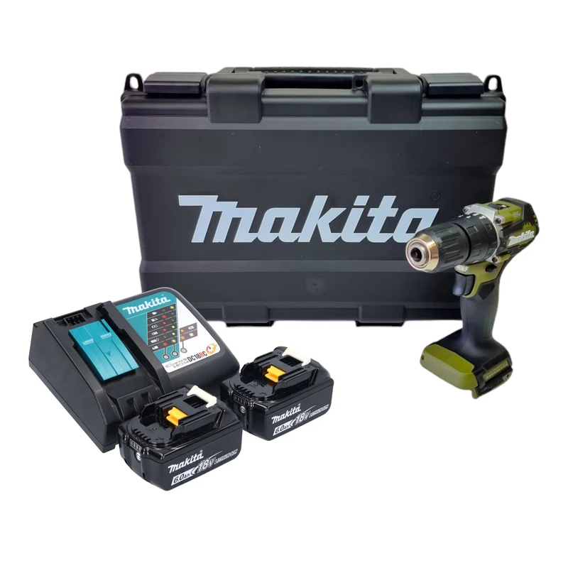 Makita DHP 487 RGKO Akku Schlagbohrschrauber 18 V 40 Nm Brushless Olive Outdoor Adventure Serie + 2x Akku 6,0 Ah + Ladegerät + Koffer