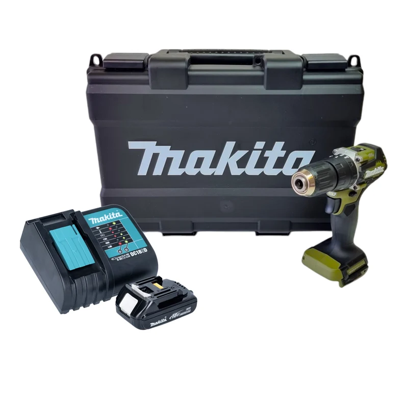 Makita DHP 487 SY1KO Akku Schlagbohrschrauber 18 V 40 Nm Brushless Olive Outdoor Adventure Serie + 1x Akku 1,5 Ah + Ladegerät + Koffer