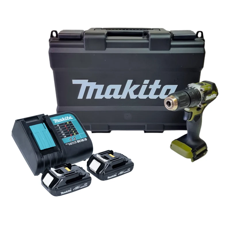 Makita DHP 487 SYKO Akku Schlagbohrschrauber 18 V 40 Nm Brushless Olive Outdoor Adventure Serie + 2x Akku 1,5 Ah + Ladegerät + Koffer