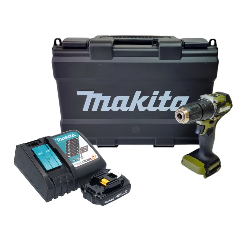 Makita DHP 487 RY1KO Akku Schlagbohrschrauber 18 V 40 Nm Brushless Olive Outdoor Adventure Serie + 1x Akku 1,5 Ah + Ladegerät + Koffer