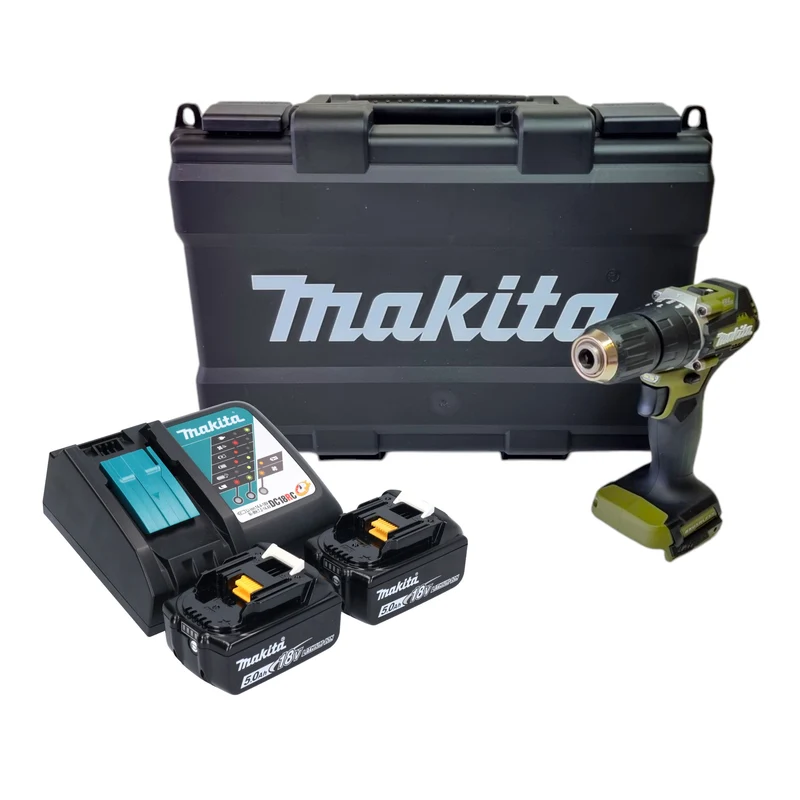 Makita DHP 487 RTKO Akku Schlagbohrschrauber 18 V 40 Nm Brushless Olive Outdoor Adventure Serie + 2x Akku 5,0 Ah + Ladegerät + Koffer