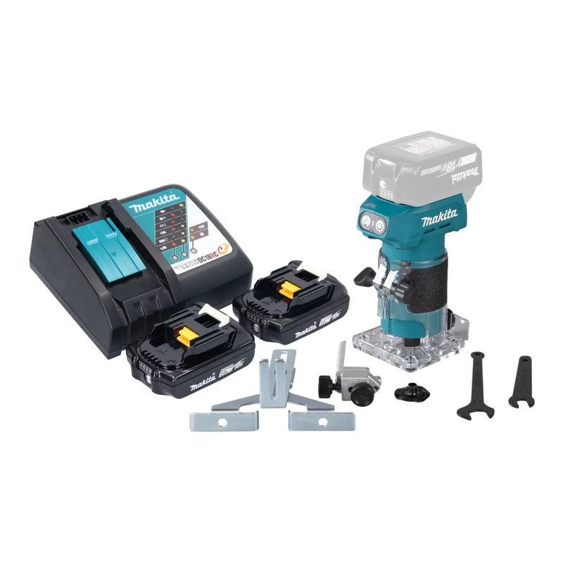 Makita DRT 52 RA Akku Kantenfräse 18 V 6 mm Brushless + 2x Akku 2,0 Ah + Ladegerät