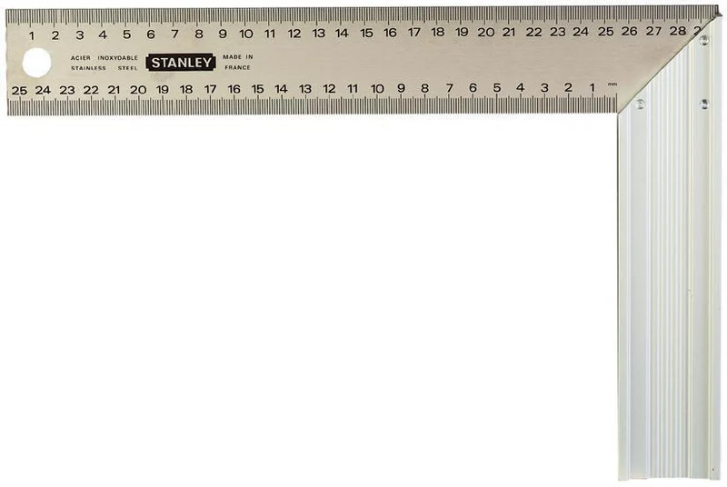STANLEY Schreinerwinkel Schenkel-L 300 mm mit Gehrung – Edelstahlblatt, mm-Einteilung, Aluminiumgriff
