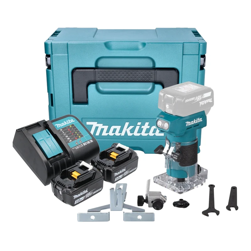 Makita DRT 52 SFJ Akku Kantenfräse 18 V 6 mm Brushless + 2x Akku 3,0 Ah + Ladegerät + Makpac