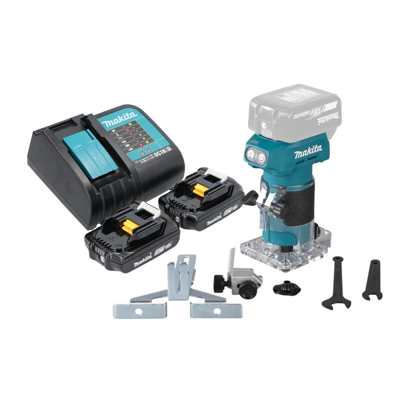 Makita DRT 52 SA Akku Kantenfräse 18 V 6 mm Brushless + 2x Akku 2,0 Ah + Ladegerät