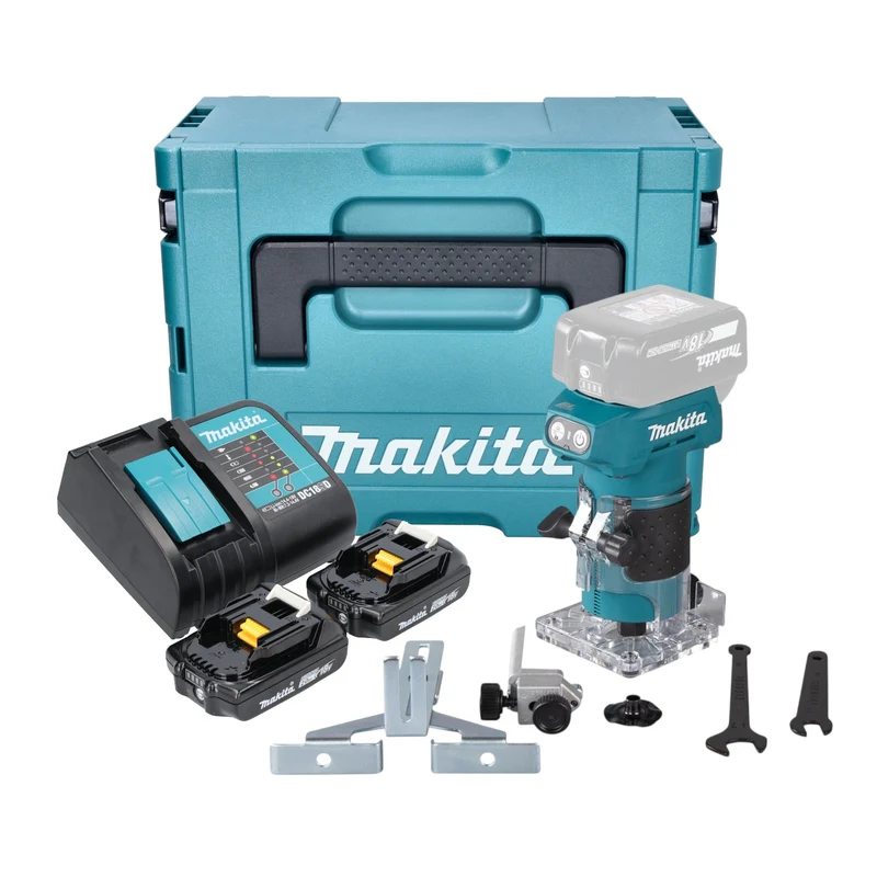Makita DRT 52 SAJ Akku Kantenfräse 18 V 6 mm Brushless + 2x Akku 2,0 Ah + Ladegerät + Makpac