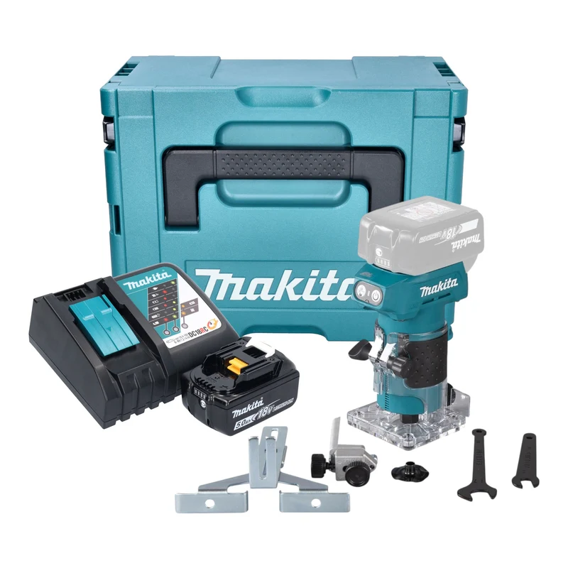 Makita DRT 52 RT1J Akku Kantenfräse 18 V 6 mm Brushless + 1x Akku 5,0 Ah + Ladegerät + Makpac
