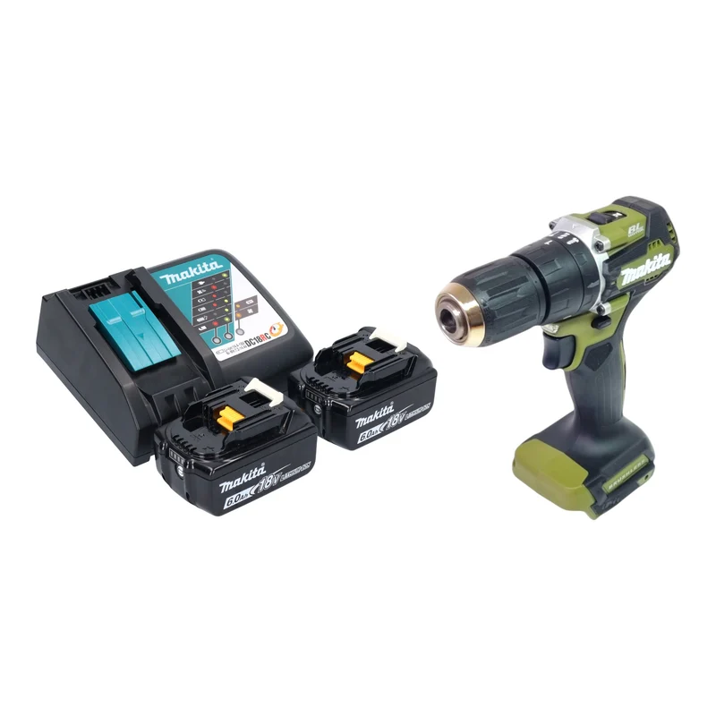 Makita DHP 487 RGO Akku Schlagbohrschrauber 18 V 40 Nm Brushless Olive Outdoor Adventure Serie + 2x Akku 6,0 Ah + Ladegerät
